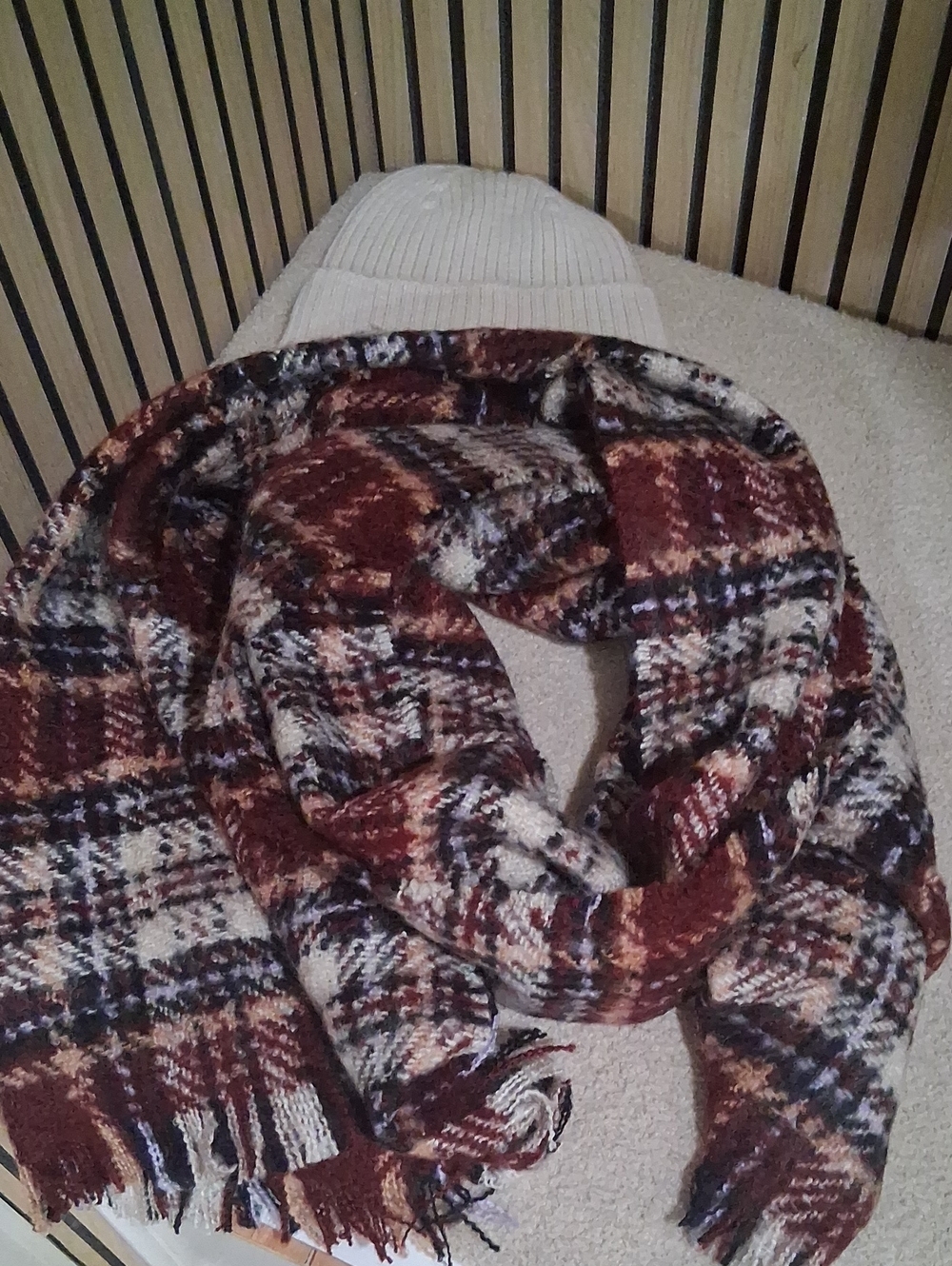 Cream Ribbed Beanie with Burgundy Plaid Scarf Set